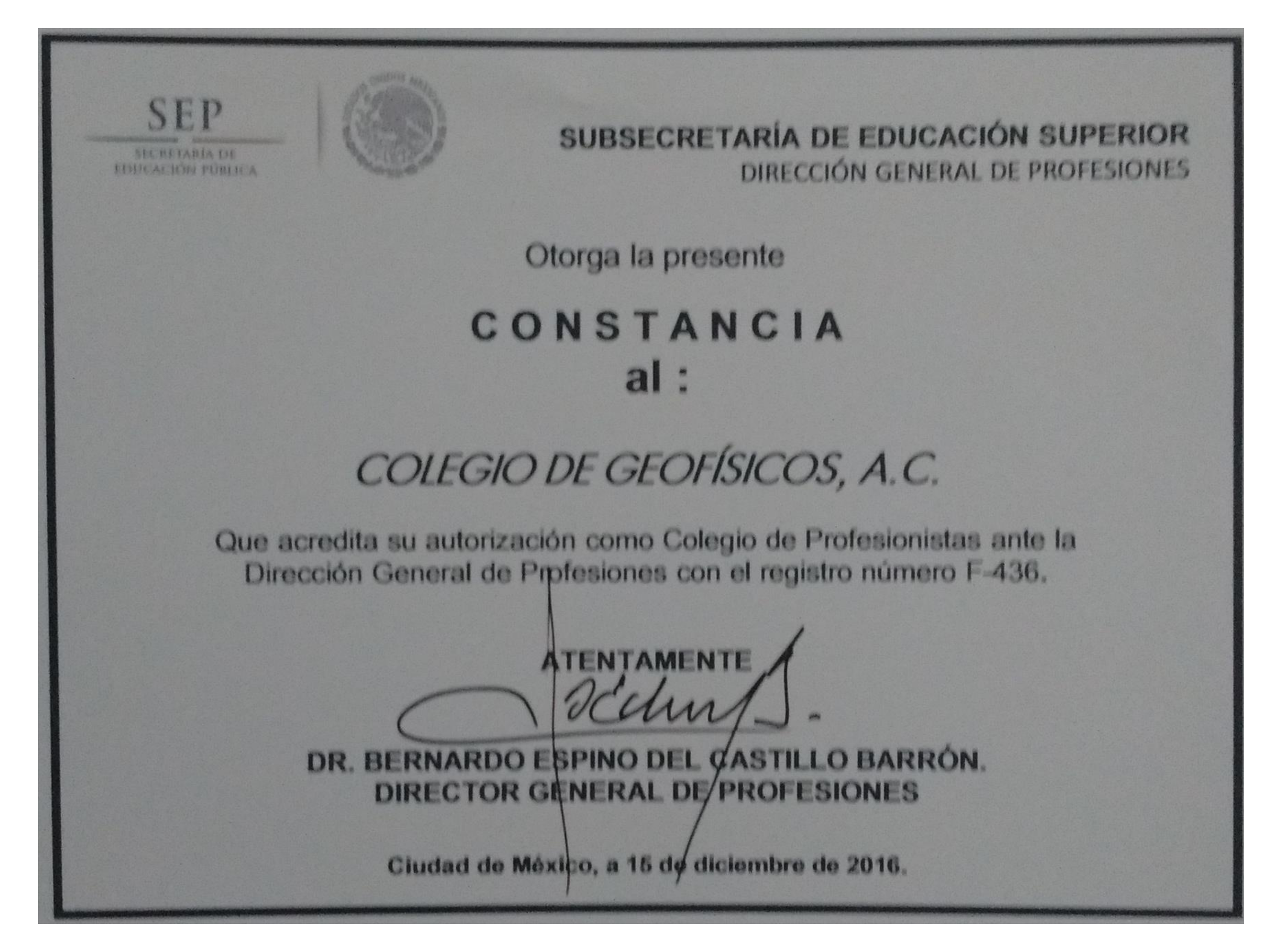 Registro del Colegio de Geofísicos, A.C. ente la SEP: